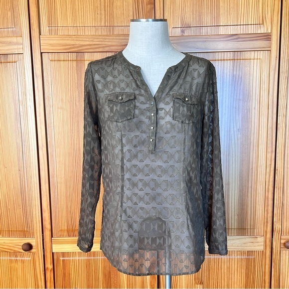 Ariat Small Long Sleeve Army Green Western Sheer Blouse Aztec Southwestern - Picture 2 of 7